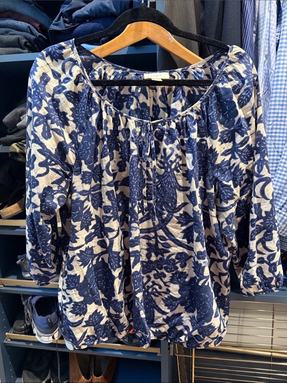 LOFT Navy Floral Scoop-Neck Peasant Blouse